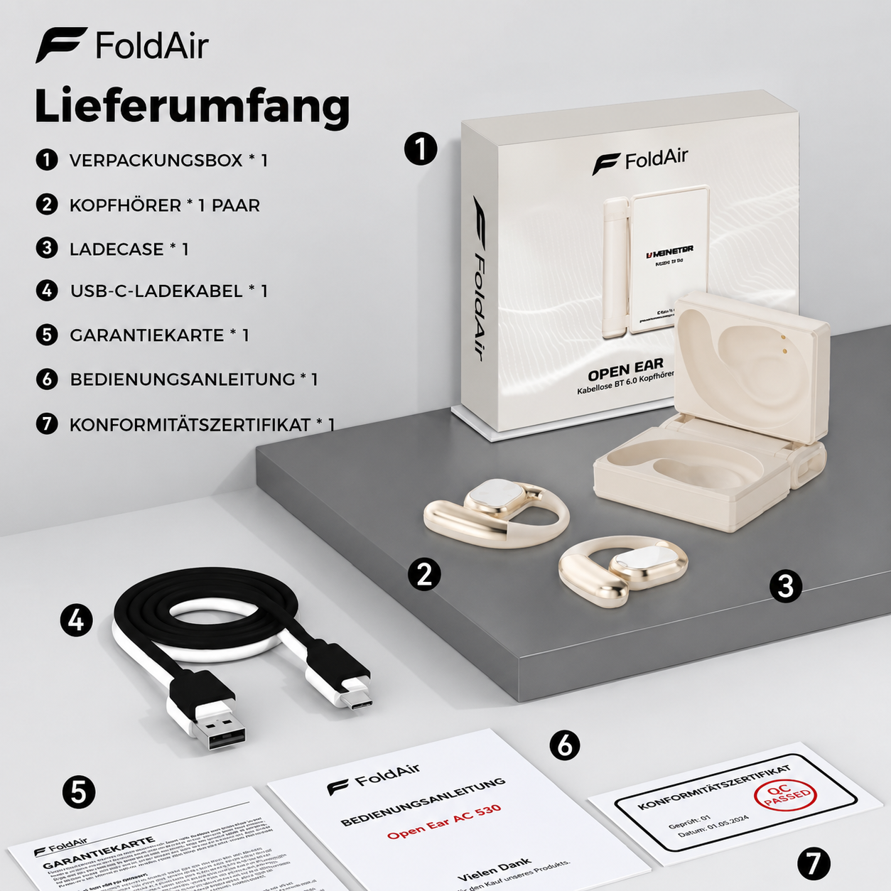 FoldAir Open-Ear: Dual-Fold, Lautsprecher 14.2mm, IPX5, Bluetooth 6.0, ergonomischer Bügel