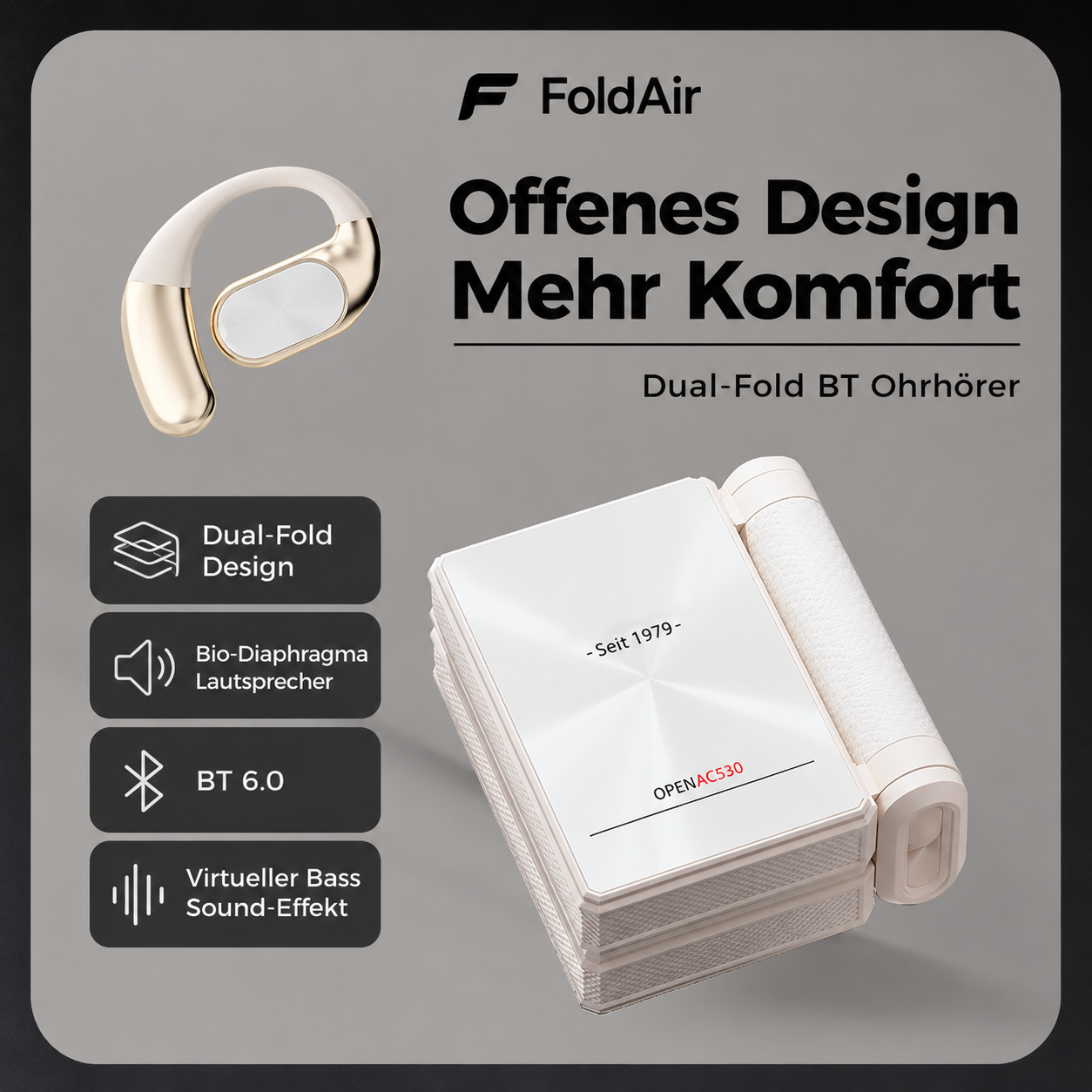 FoldAir Open-Ear-Kopfhörer mit ergonomischem Bügel, Dual-Fold-Design